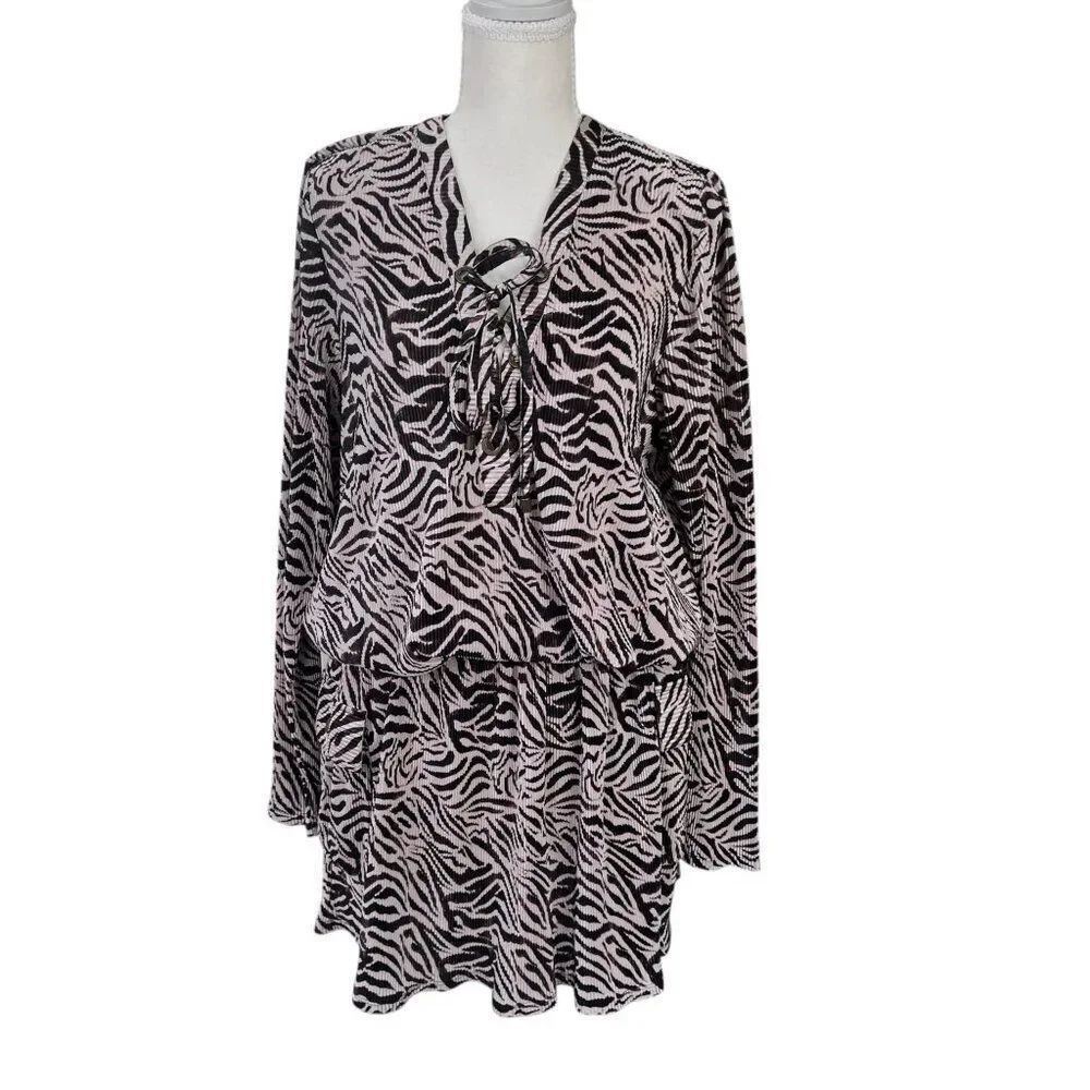 Ramy Brook Drop Waist Zebra Print Pleated Mini May Dress in Raisin Size M